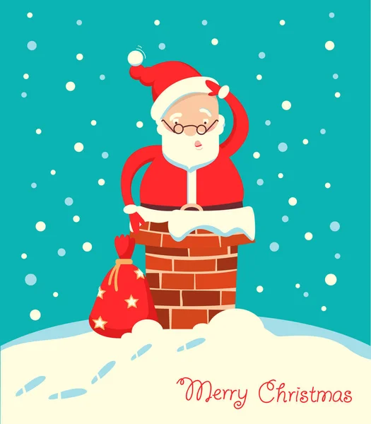 Santa Claus Tkwi Kominie Zimową Noc Bożego Narodzenia Merry Christmas — Wektor stockowy