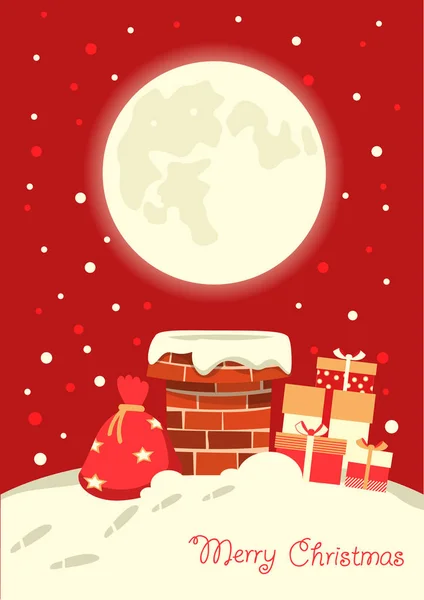 Santa Claus Chimenea Noche Invierno Navidad Feliz Navidad Tarjeta Ilustración — Vector de stock