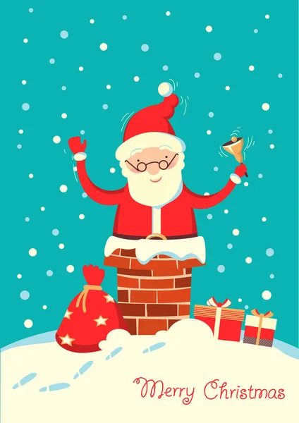 Père Noël Dans Cheminée Nuit Hiver Noël Joyeux Noël Carte — Image vectorielle