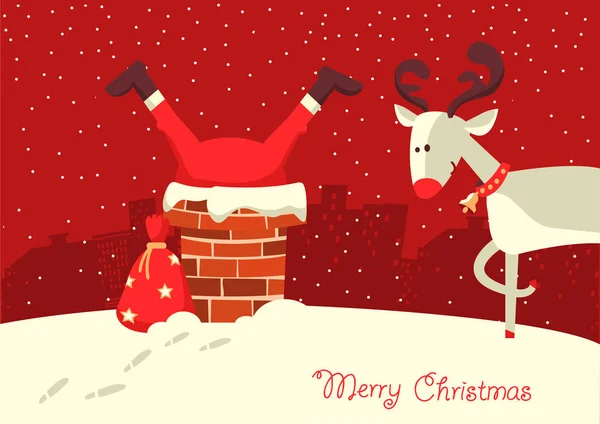 Merry Christmas Card Santa Claus Stuck Chimney Christmas Night — Stock Vector