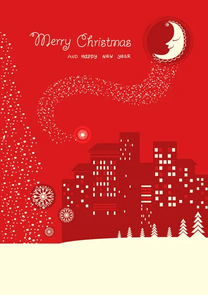 Merry Christmas Card Red Moon Night Backrgound Holiday Text — Stock Vector