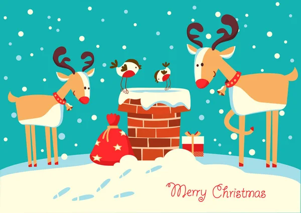 Tarjeta Navidad Con Ciervos Pájaros Toro Sentado Chimenea Mirando Santa — Vector de stock