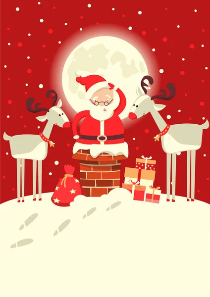クリスマス冬の満月の夜に鹿と煙突にサンタ クロース メリー クリスマス カード イラスト — ストックベクタ