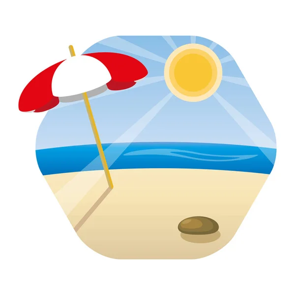 Sea landscape with beach umbrella in very sunny weather. Stone on the sandy beach under the blue sky. All elements have shadows. Hexagonal icon design.