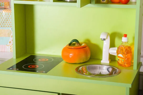 Green children's kitchen set for girls with toys