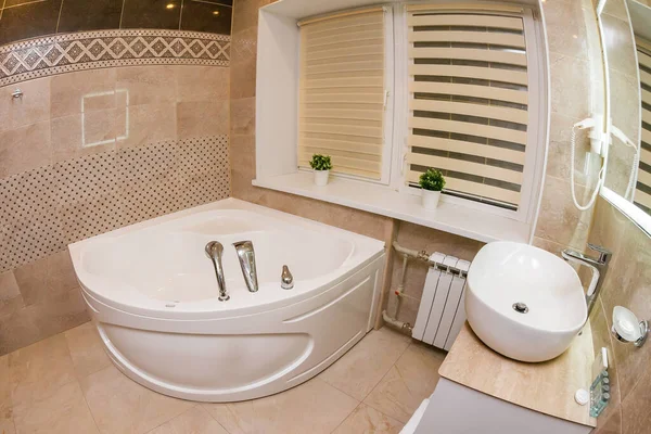 Dairesinde jakuzisi olan güzel bir banyo, otel.