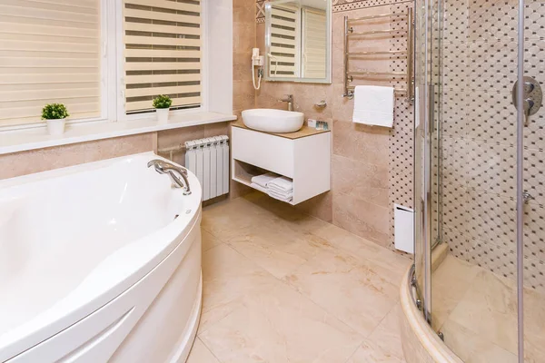 Dairesinde jakuzisi olan güzel bir banyo, otel.