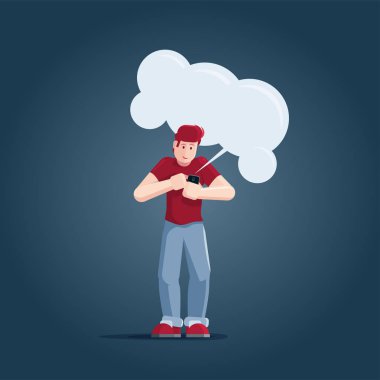 Genç adam akıllı telefona bakıyor ve sosyal ağda sohbet ediyor ve arkadaşlarına mesaj atıyor..