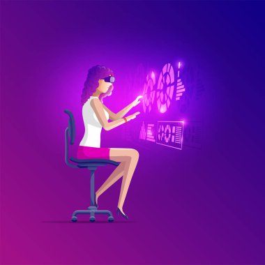 Sanal gerçeklik (Vr) giyen güzel güzel kız modern ofis sandalyede oturan ve simülasyon ekran dokunmadan elinizi kullanarak aygıt gözlükler. Gelecekteki kavramı. Vektör çizim.