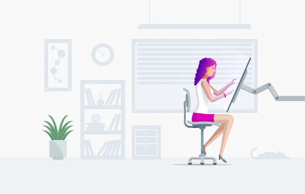 美丽的女孩坐在现代办公椅和工作大触摸屏电脑 矢量插图 — 图库矢量图片