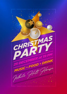 Vektör Noel partisi poster tasarım şablonu ile 3d beyaz, siyah ve altın Noel topları. Öğeleri ayrı ayrı vektör dosyası içinde katmanlı.