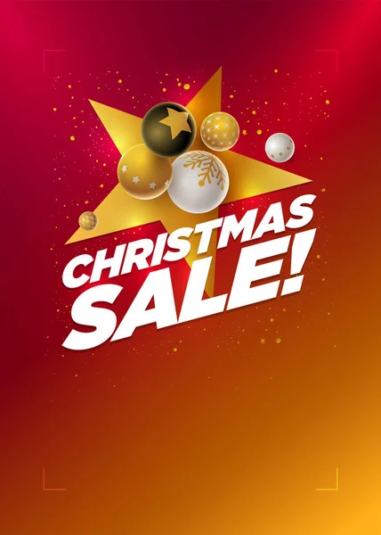 ベクトル クリスマス セール ポスター デザイン テンプレート 黒とゴールドのクリスマス ボール 黄色の明るい色のグラデーションの背景に赤 コピー — ストックベクタ
