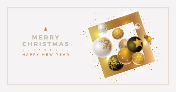 ベクトルのクリスマスと新年のご挨拶バナー デザイン 黒とゴールドのクリスマス ボール きれいで 白い背景 要素は ベクター ファイルに個別に配置されます — ストックベクタ