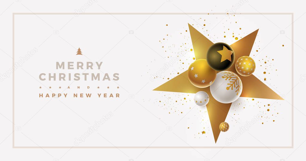 Vector Christmas and new year greeting banner design with 3d white, black and gold Christmas balls. Clean, white background. Elements are layered separately in vector file.