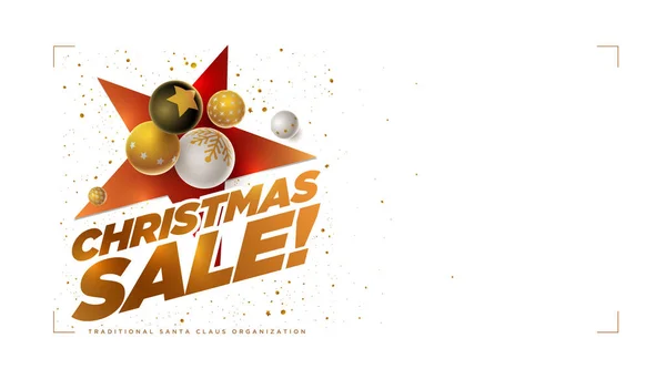 ベクトル クリスマス セール ポスター デザイン テンプレート 黒とゴールドのクリスマス ボール 白い背景 コピー領域と水平方向で構成 — ストックベクタ
