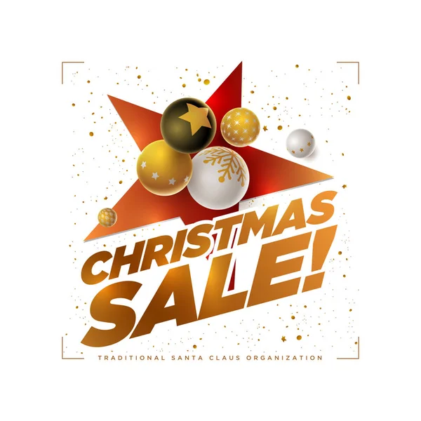 Vector Christmas Sale Poster Ontwerpsjabloon Met Wit Zwart Goud Kerstballen — Stockvector