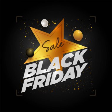 Vektör siyah Cuma satış afiş tasarımı yıldız şekli ve 3d beyaz, siyah ve altın balonlar. Öğeleri ayrı ayrı vektör dosyası içinde katmanlı.
