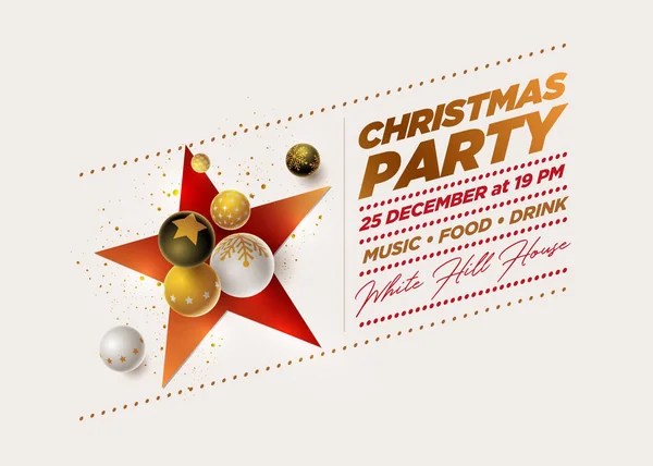 Wektor Christmas Party Plakat Projekt Szablonu Białe Czarne Złote Bombki — Wektor stockowy