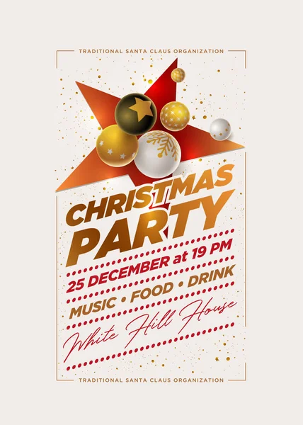 矢量圣诞派对海报设计模板与3D 黑色和金色的圣诞球 元素在矢量文件中单独分层 — 图库矢量图片