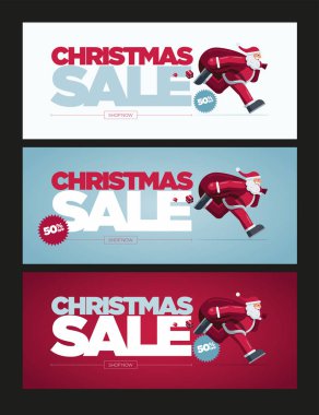 Vektör Christmas banner tasarım ile Noel baba resimde kümesi. Noel satış konsepti tasarım. Poster, reklam veya sosyal medya sonrası için en iyi.