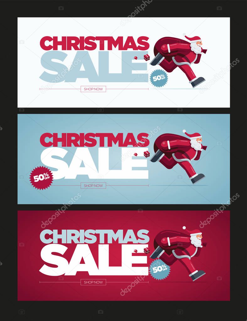Vector Christmas banner design set with Santa Claus illustration. Christmas Sale Concept Design. Best for poster, advert or social media post.