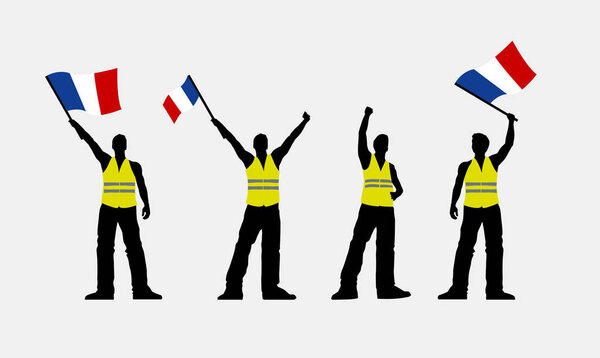 Vector yellow vest protestors illustration. Men silhouettes. 
