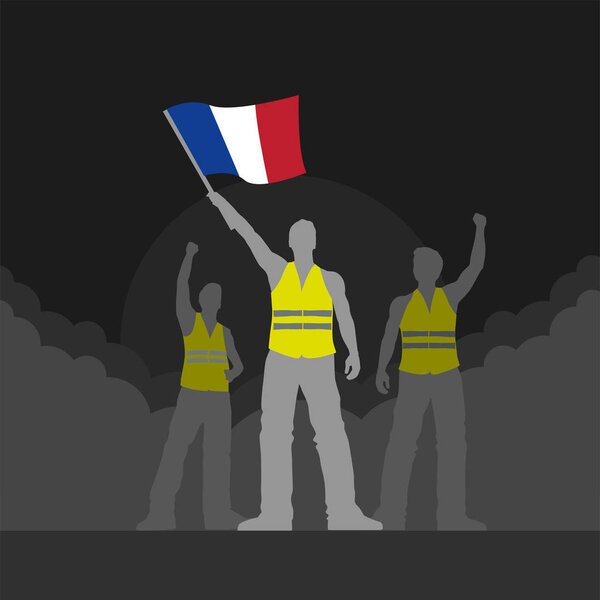 Vector yellow vest protestors illustration. Men silhouettes. 