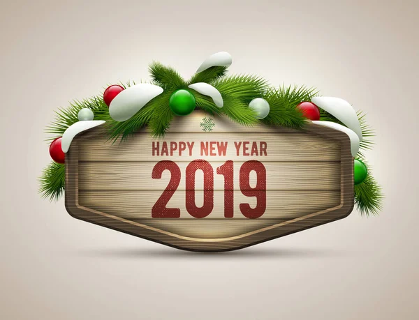 Vektorové Ilustrace Realistické Dřevěné Šťastný Nový Rok 2019 Nástěnku Prvky — Stockový vektor