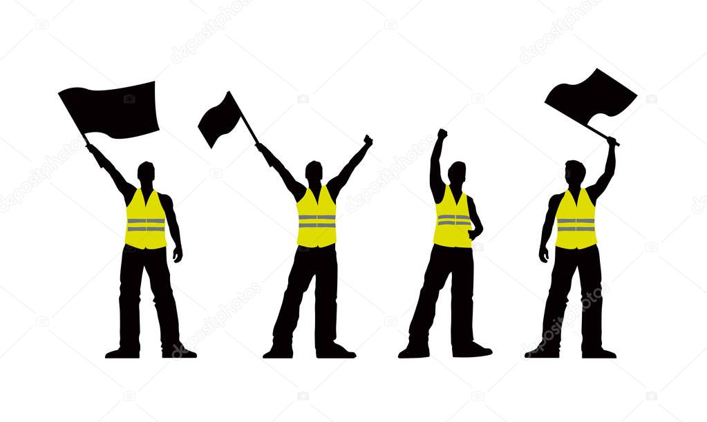 Vector yellow vest protestors illustration. Men silhouettes. 