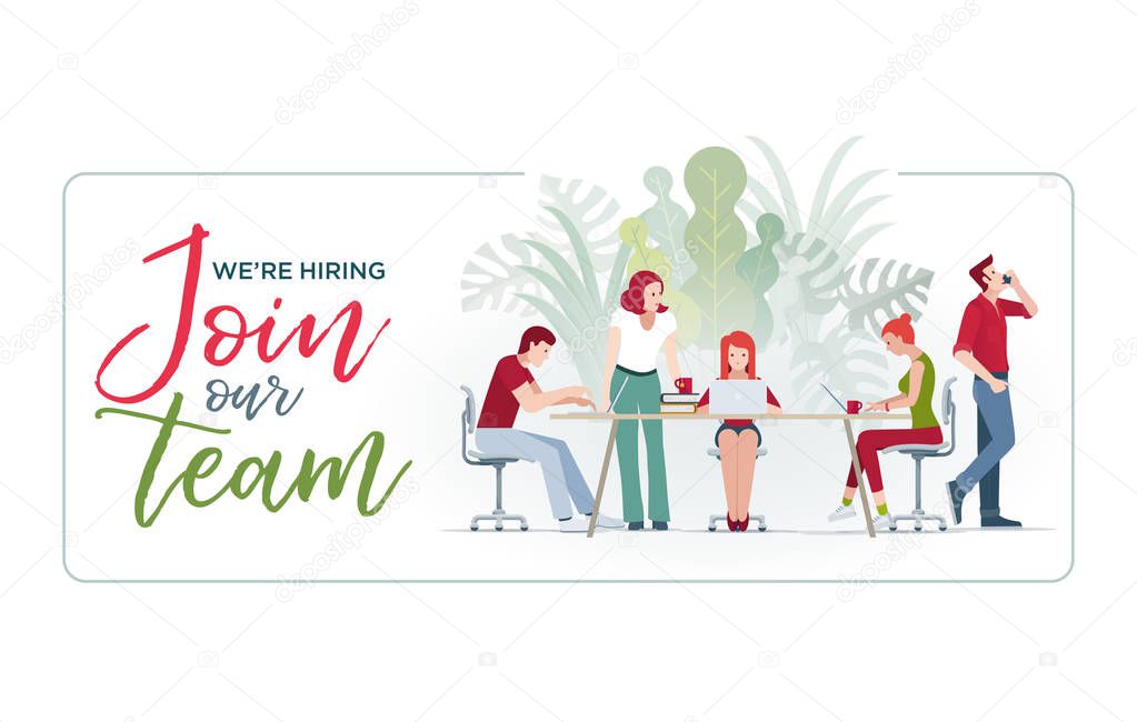 We are hiring, Join our team. Hiring and recruitment concept illustration and design. Casual business team working in office. Vector illustration.