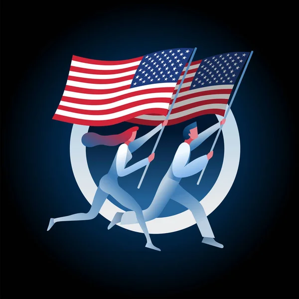 L'homme et la femme courent avec les drapeaux des USA . — Image vectorielle