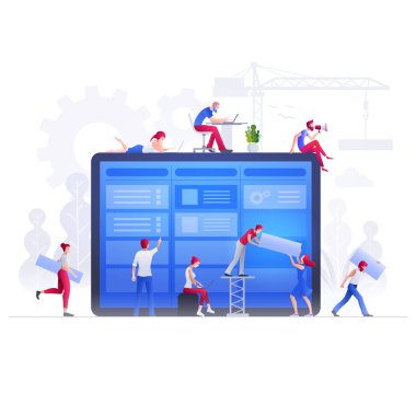 Vector illustration people are working together on large screen and building a new achievements. Business teamwork concept. People characters are working together on giant screen. clipart