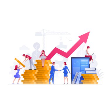 Vektör illüstrasyon insanlar birlikte büyük ekran, sikke yığınları, grafik ve yeni başarılar bina mali konular üzerinde çalışıyoruz. İş finansmanı, yatırım ve ekip çalışması konsepti. 
