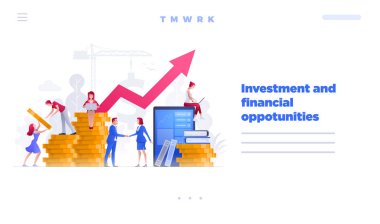 Web sitesi sayfa tasarım şablonu. Vektör illüstrasyon insanlar birlikte büyük ekranda mali konularda ve yeni bir başarılar bina vardır. İş finansmanı, yatırım ve ekip çalışması konsepti. 