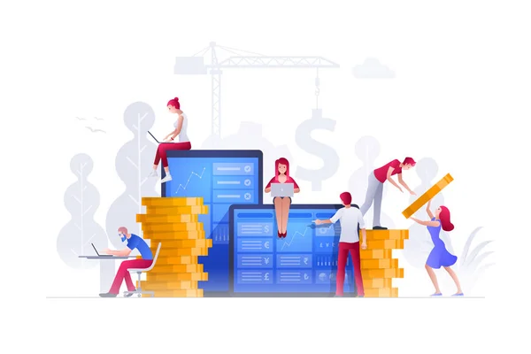 Vector Illustration People Working Financial Issues Together Large Screen Building — Stock Vector