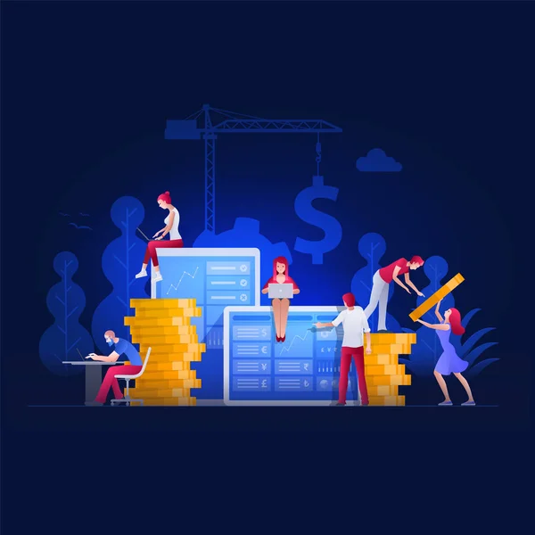 Ilustración Vectorial Gente Está Trabajando Temas Financieros Juntos Pantalla Grande — Vector de stock