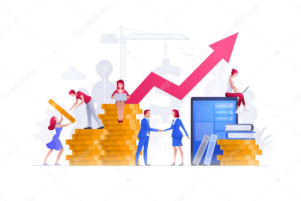 Vector illustration people are working on financial issues together on large screen, coin stacks, graph and building a new achievements. Business finance, investment and teamwork concept. 