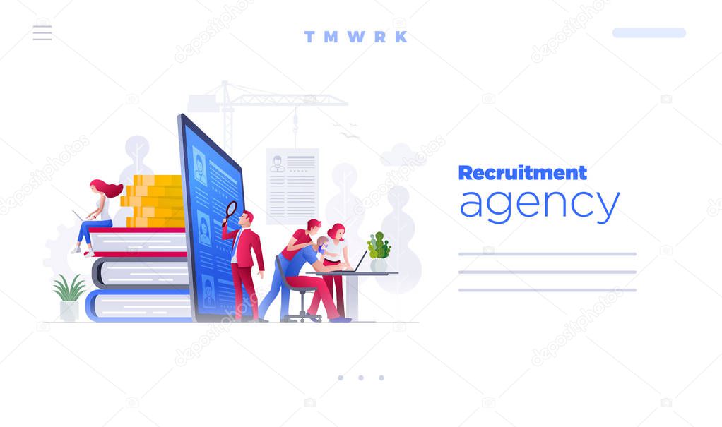 Web site page design template. Vector illustration people are working on hiring, human resources and recruitment together.  Concept illustration.