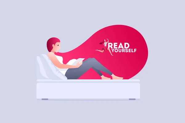 Vector illustration young woman is reading book — Stock Vector