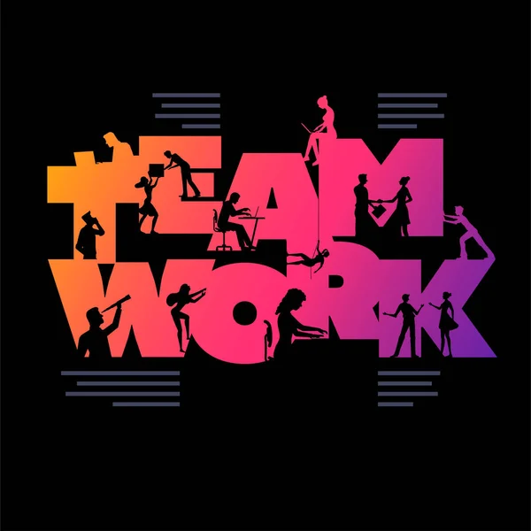 Teamwork Business Concept Poster Design Template Working Silhouette People Using — Stock Vector