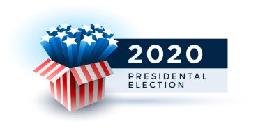 Patlayan Amerikan yıldızları. ABD 'de 2020' ye oy verin. Typographic vektör tasarımı. ABD başkanlık oylaması tartışması. Seçim oylaması tasarımı. Siyasi seçim kampanyası.