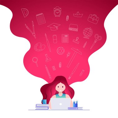 Çevrimiçi eğitim, kendi kendine öğrenme konsepti vektör çizimi. Öğrenci dizüstü bilgisayarla çalışıyor. Eğitim arz çizgisi simgeleri ayarlandı.