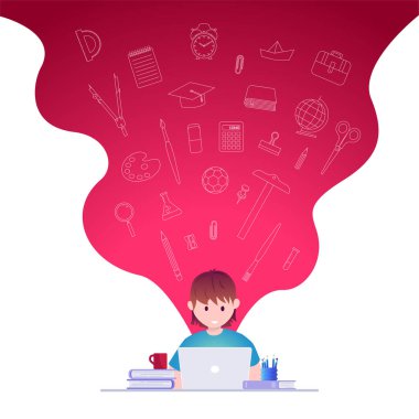 Çevrimiçi eğitim, kendi kendine öğrenme konsepti vektör çizimi. Öğrenci dizüstü bilgisayarla çalışıyor. Eğitim arz çizgisi simgeleri ayarlandı.