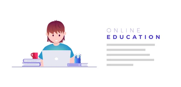 Online Bildung Selbstlernkonzept Vektor Illustration Studenten Lernen Mit Laptop — Stockvektor