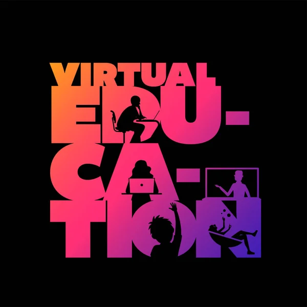 Virtuelle Ausbildung Konzept Typografische Gestaltung Vektor Silhouette Schüler Beobachten Unterricht — Stockvektor