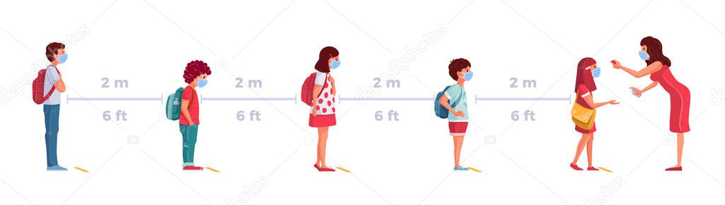 Students are waiting in line. The teacher measures the fever of the students. The teacher gives the students antidisinfectants. Back to school in pandemic times.