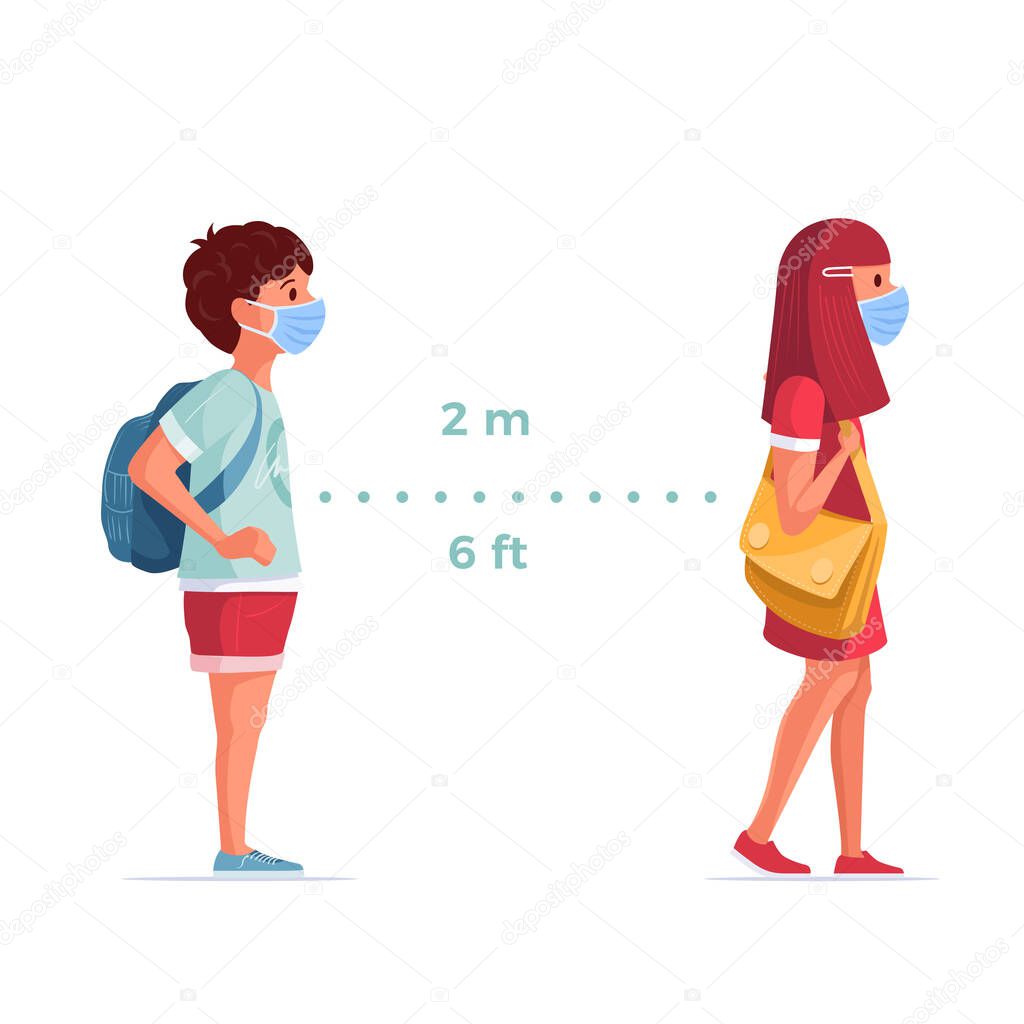 Children wearing medical masks are standing in accordance with social distance rules. Covid-19 and children safe concept vector illustration.