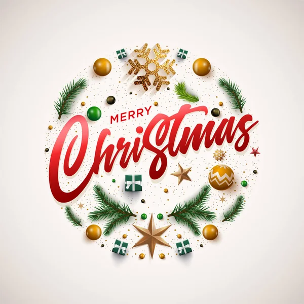 メリークリスマスと幸せな新年の挨拶カード お祝いのクリスマスの装飾やオブジェクトとクリスマスリースのデザイン — ストックベクタ