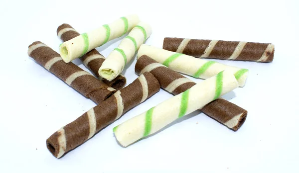 Chocolade Groene Pandanus Wafels Witte Achtergrond — Stockfoto