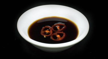 Soy sauce with chili slice in bowl
